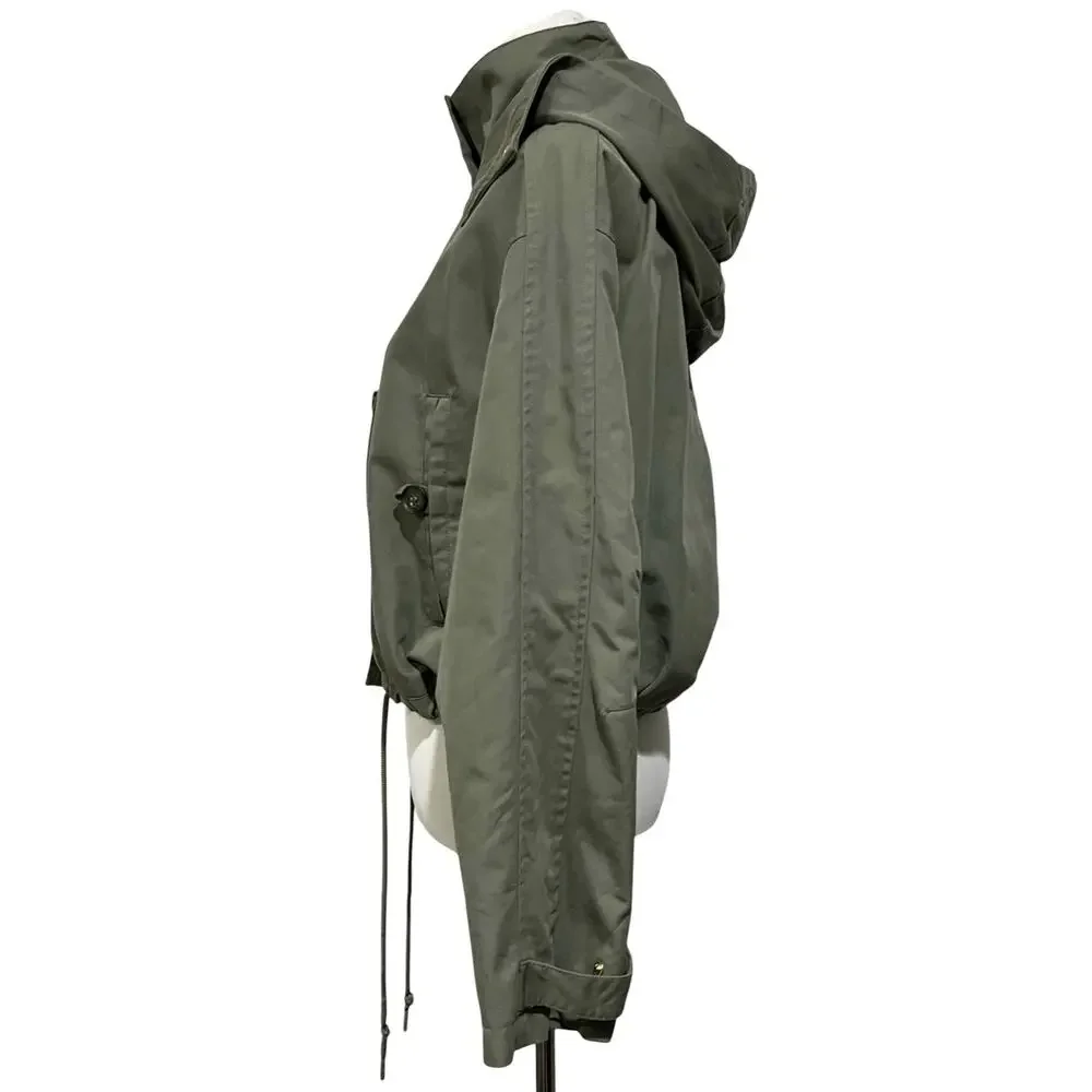 Womens Cropped Utility Jacket Sz M Cargo Coat Hood Pockets Green Adjustable H&M - Picture 6 of 9